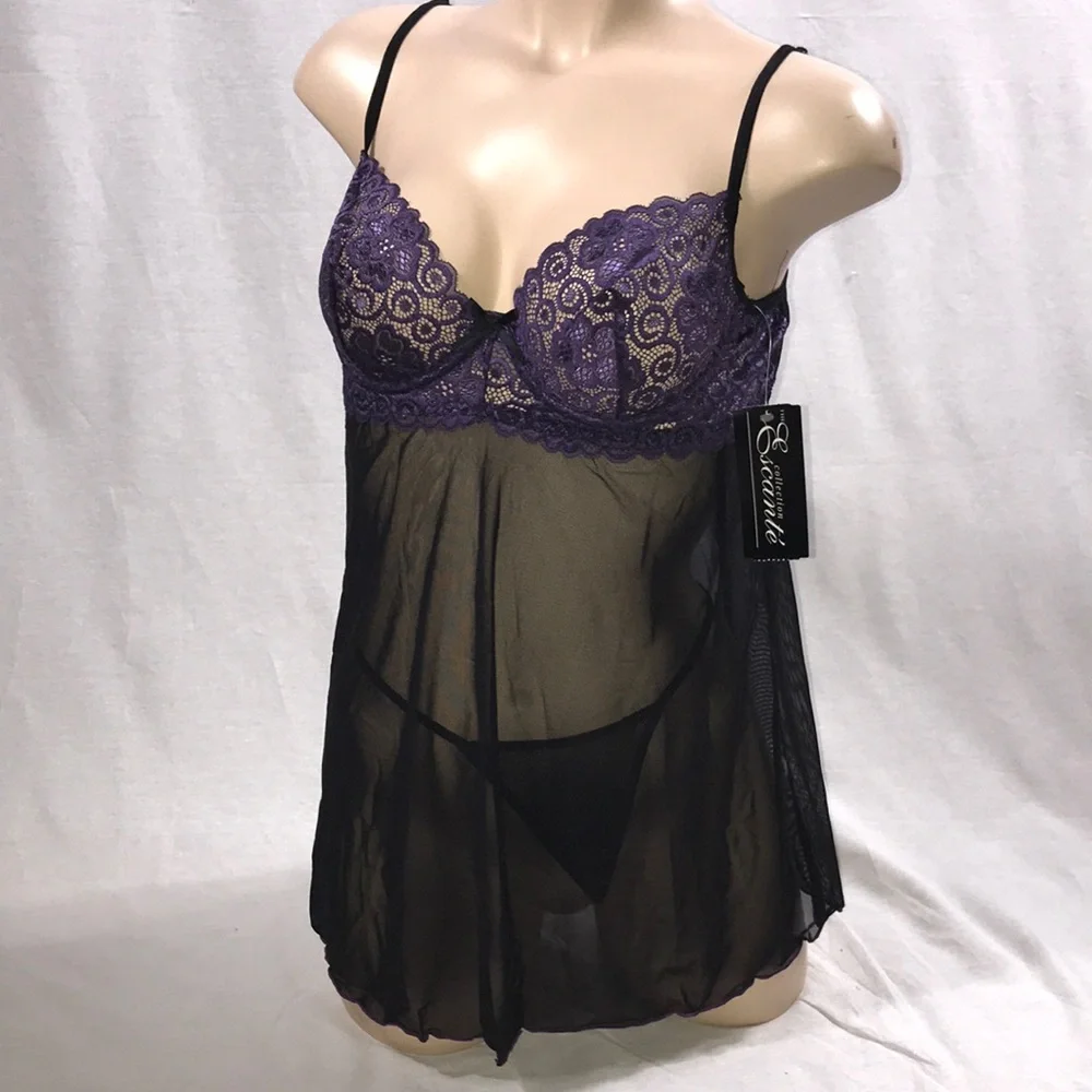 Escante Size Large Purple & Black Underwire Babydoll Dress & Thong. New With Tag